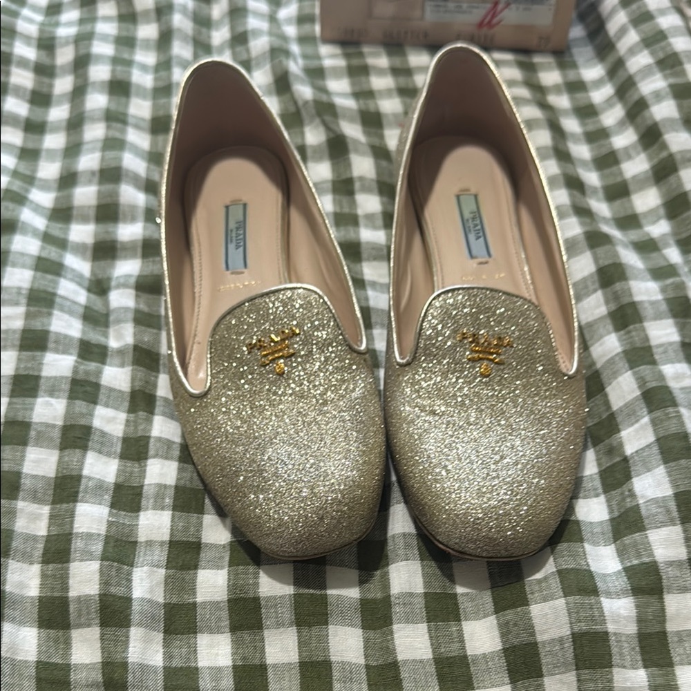 Prada Gold Glitter Loafers